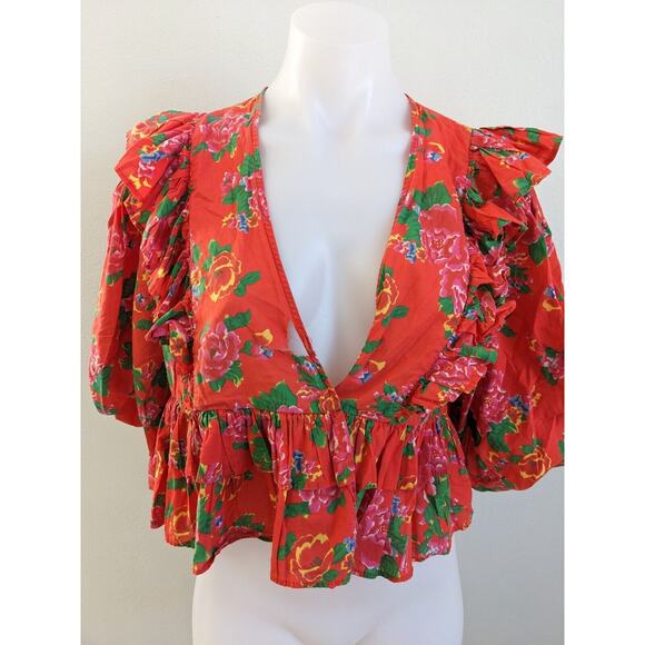 Rhode Size Small Elodie Crop Top Red Tiered Ruffle 100% Cotton Floral V Neck - Picture 5 of 13